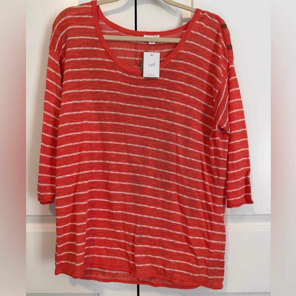 J.Jill Orange White Stripe Linen Blend Sweater Women M Button Shoulder Detail